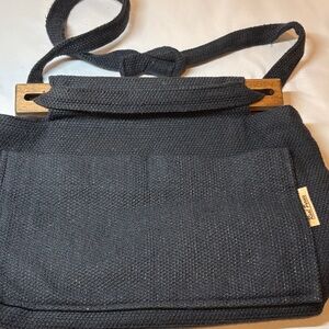 Real Purses Charcoal Gray Textile Wood Handle Shoulder Bag